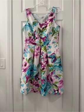 madison leigh White Fit-and-Flare Dress with Pink & Aqua Floral Print